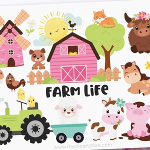 Cute Farm Clipart, Farm Animals, Pink Barn, Farm Birthday, Baby Shower, Farmstead, Cow svg Digital Download Sublimation SVG, EPS, PNG image 1