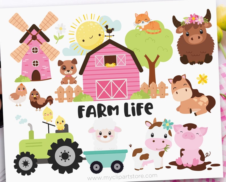 Cute Farm Clipart, Farm Animals, Pink Barn, Farm Birthday, Baby Shower, Farmstead, Cow svg Digital Download Sublimation SVG, EPS, PNG image 1