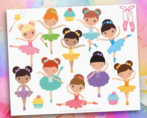 Cute Ballerina Clipart: Little Ballet Dancer Illustrations for Girls' Birthday Party Invitations in Bright Colors (Digital Download)