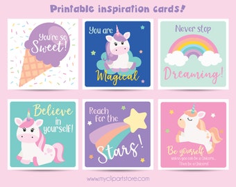 Unicorn Positivity Note Cards for Kids, Affirmation, Inspirational, Encouragement, Magical, Lunchbox, Personal use only, Digital Download