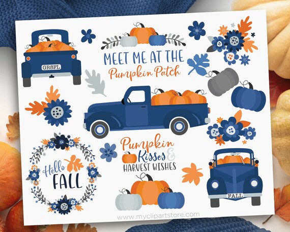 Pumpkin Truck Clipart, Thanksgiving, Farmhouse, Vintage, Fall, Navy Blue Truck with pumpkins, Clip Art Commercial Use, Sublimation, HTV, SVG Il_570xn