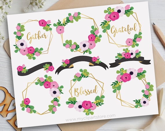 Download Geometric Floral Frames Gold Foil Wedding Clipart Magnolias Roses Table Markers Monograms Commercial Use Vector Clip Art Svg Png By Myclipartstore Catch My Party