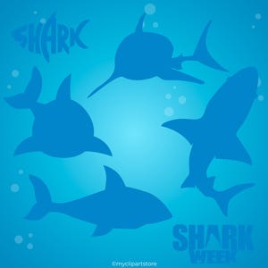 May include: A digital graphic featuring four dark blue shark silhouettes arranged on a light blue background with scattered bubbles. The word SHARK appears in the top left corner, and the text SHARK WEEK is located in the bottom right corner.