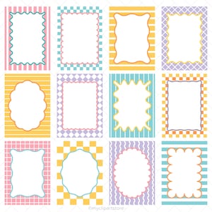 May include: A collection of twelve rectangular labels featuring white centers with various scalloped, wavy, and decorative borders. The backgrounds consist of colorful patterns including stripes, checkers, grids, and wavy lines in pastel shades.