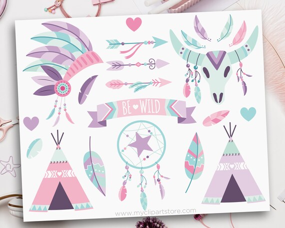 Tribal Girl Boho Elements Clipart, Pink and Purple, Wedding, dreamcatcher, Clip Art, Commercial Use, Sublimation, HTV, Il_570xn
