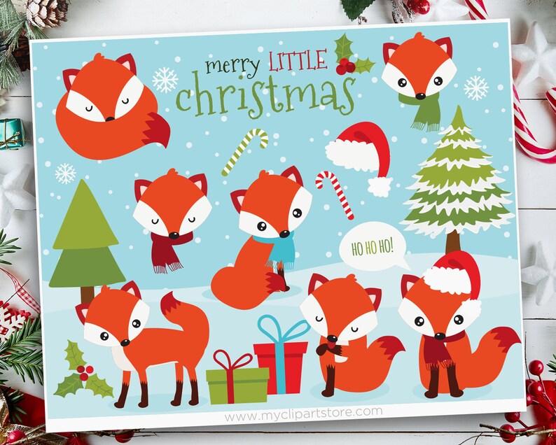 Red Fox Christmas Clipart winter Fox snowflakes woodland Etsy