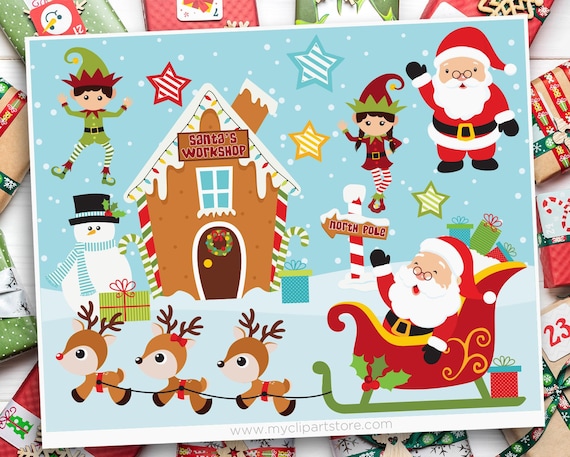 Santa's Workshop Clipart, Reindeer, Elf (Digital Download)
