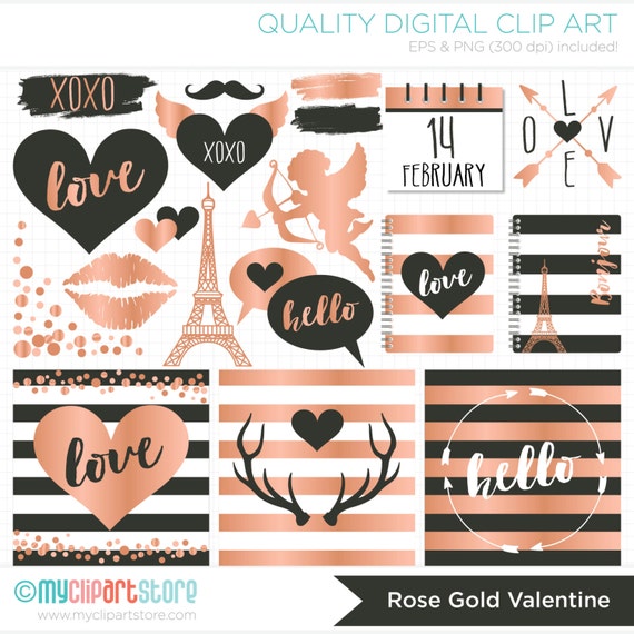 Hipster Valentines Day, Black & Rose Gold foil, Nordic Valentine clipart, deer antlers, Eiffel tower, Vector clip art, HTV Print to cut SVG Il_570xn