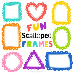 Può includere: Una collezione di cornici colorate e smerlate in varie forme, tra cui quadrata, a cuore, ovale e rettangolare. La parola "FUN" è gialla, "Scalloped" in nero e "FRAMES" in verde, su sfondo bianco.