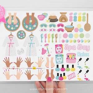 May include: A set of colorful spa day themed clipart illustrations. The illustrations include items like bathrobes, nail polish, face masks, and bath bombs. The text "Spa Day Relax" is included in the image.
