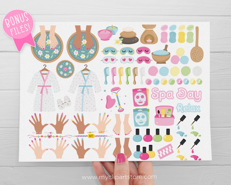 May include: A set of colorful spa day themed clipart illustrations. The illustrations include items like bathrobes, nail polish, face masks, and bath bombs. The text "Spa Day Relax" is included in the image.