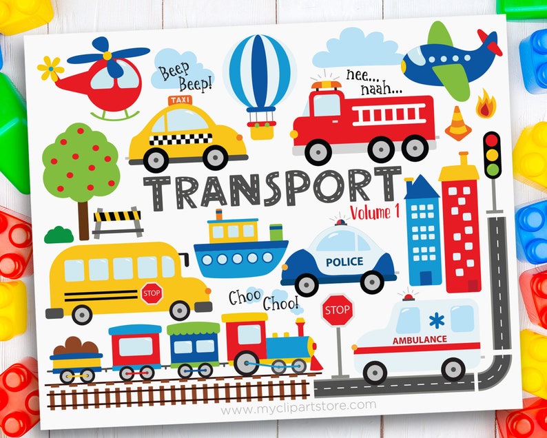 Transportation clipart with cars, trucks, and trains, and various other vehicles.