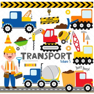 Construction Vehicle Clipart: Road Work, Dump Truck SVG, Tractor PNG, Excavator, Transport, Boy, Baby Shower, Nursery Art (Digital Download)