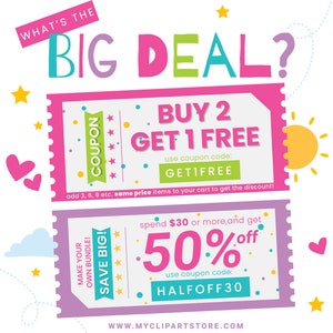 May include: Two pink and purple coupon designs with colorful stars and hearts. The top coupon says "Buy 2 Get 1 Free" with the coupon code "GETIFREE". The bottom coupon says "Spend $30 or more and get 50% off" with the coupon code "HALFOFF30".
