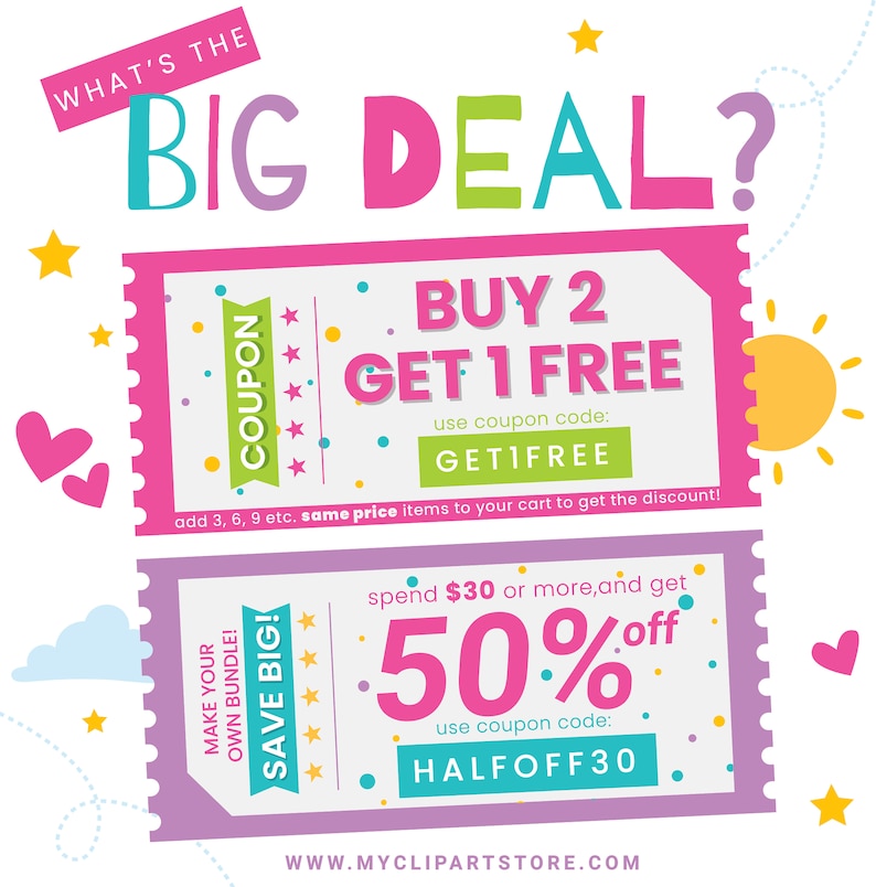 May include: Two pink and purple coupon designs with colorful stars and hearts. The top coupon says "Buy 2 Get 1 Free" with the coupon code "GETIFREE". The bottom coupon says "Spend $30 or more and get 50% off" with the coupon code "HALFOFF30".