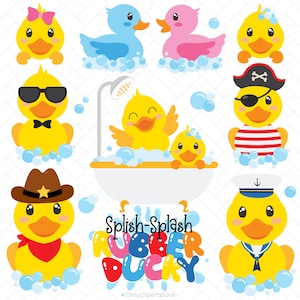 May include: A collection of cartoon rubber ducks in various styles. Some ducks wear sunglasses, a bow tie, a cowboy hat, a pirate hat, and a sailor hat. Other ducks are in a bathtub with bubbles. The text "Splish-Splash Rubber Ducky" is also included.