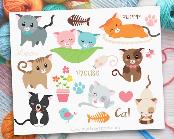 Love Cats Clipart, Kittens, mouse, fish bone, little kitty, gardening, bird, spring, pets. Clip Art, Commercial Use, Sublimation, HTV, SVG Il_570xn