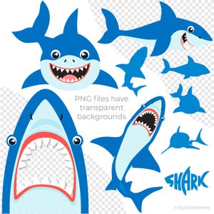 May include: A collection of blue shark illustrations featuring various poses, including a front-facing shark, a side-profile shark, and several solid blue silhouettes. The text "PNG files have transparent backgrounds" and "SHARK" are visible.