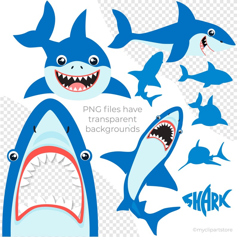 May include: A collection of blue shark illustrations featuring various poses, including a front-facing shark, a side-profile shark, and several solid blue silhouettes. The text "PNG files have transparent backgrounds" and "SHARK" are visible.
