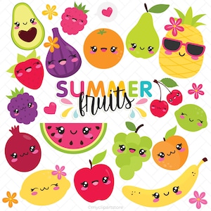 Puede incluir: Ilustración colorida de varias frutas de verano con caras lindas, incluyendo aguacate, fresa, higo, naranja, pera, piña, cerezas, sandía, uvas, manzana, limón y plátano. También se incluye el texto "SUMMER fruits".