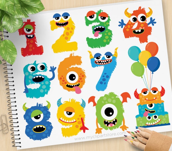 Monster numbers - BOY, cute monster clipart, Alphabet, Monster party, birthday Cake, balloons, commercial use, Vector Clip Art, HTV, png Il_570xn