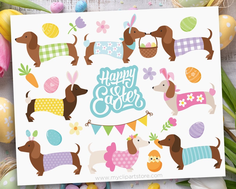 Easter Dogs Clipart, Doxie, Dachshund, Easter Animals, Easter bunny, Easter Eggs Digital Download Sublimation Design SVG, EPS, PNG image 1