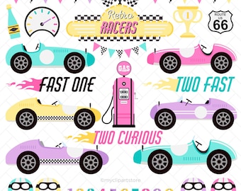 Pink Rennauto Clipart: Retro Rennfahrerin, Formel 1 (SVG, EPS, PNG digitaler Download