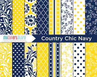 Digital Paper - Country Chic, Navy and Yellow, Wedding Damask Paper, Scrapbook Paper, Digital Pattern, Commercial Use, JPEG, PDF sublimation
