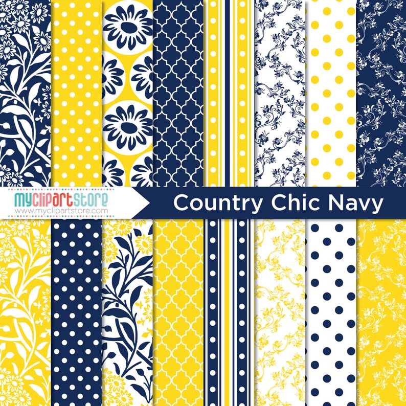 Digital Paper Country Chic, Navy and Yellow, Wedding Damask Paper, Scrapbook Paper, Digital Pattern, Commercial Use, JPEG, PDF sublimation image 1