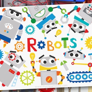 Cute Robots Clipart Set: STEM Robots, Mechanical Robots for Boys, Birthday Invitations, Stickers, Sublimation (Digital Download)