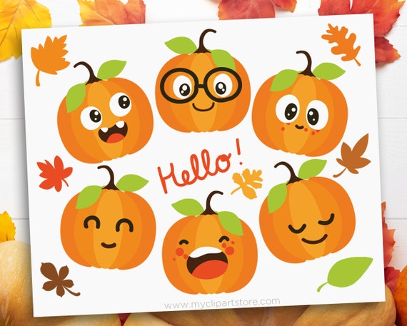 Cute Pumpkins Clipart, Fall, Autumn Leaves, Jack O' Lanterns, Kawaii Pumpkins, Thanksgiving Clip Art Commercial Use, Sublimation, HTV, SVG Il_570xn