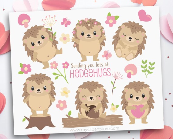 Hedgehogs Clipart, Cute Hedgehog Clip Art, Woodland Animals SVG, Spring flowers Printable Wall Art, Instant Download Il_570xn
