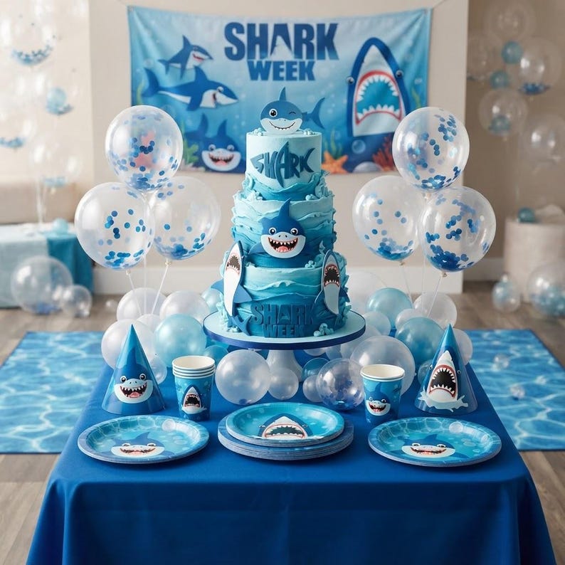 May include: A three-tiered blue cake decorated with shark imagery and the text SHARK WEEK, surrounded by matching party supplies including blue paper plates, cups, cone hats, and clear balloons filled with blue confetti on a blue tablecloth.