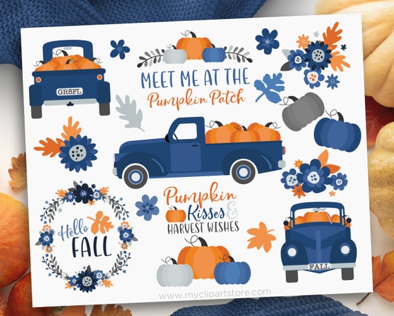 Download Pumpkin Truck Clipart Thanksgiving Farmhouse Vintage Fall Navy Blue Truck With Pumpkins Clip Art Commercial Use Sublimation Htv Svg By Myclipartstore Catch My Party