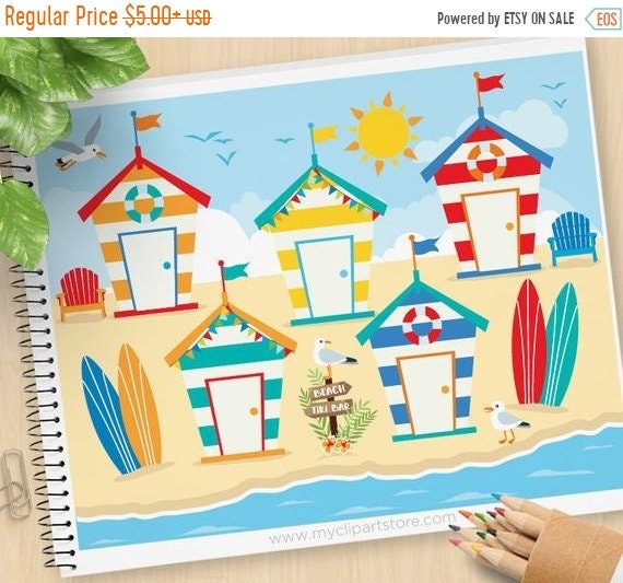 ON SALE - Surf Shacks Clipart, Beach house, Surf hut, Adirondack chairs, surfboards, summer, hibiscus, Clip Art, Commercial Use, Sublimation Il_570xn