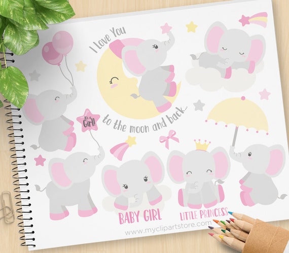 Download Baby Girl Elephant Clipart, Pink elephants, Moon, stars ...