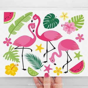 May include: A digital clipart set featuring pink flamingos, tropical leaves, watermelon slices, a lime, starfish, and hibiscus flowers. The set is perfect for creating tropical-themed designs.