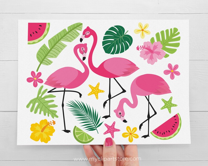 May include: A digital clipart set featuring pink flamingos, tropical leaves, watermelon slices, a lime, starfish, and hibiscus flowers. The set is perfect for creating tropical-themed designs.