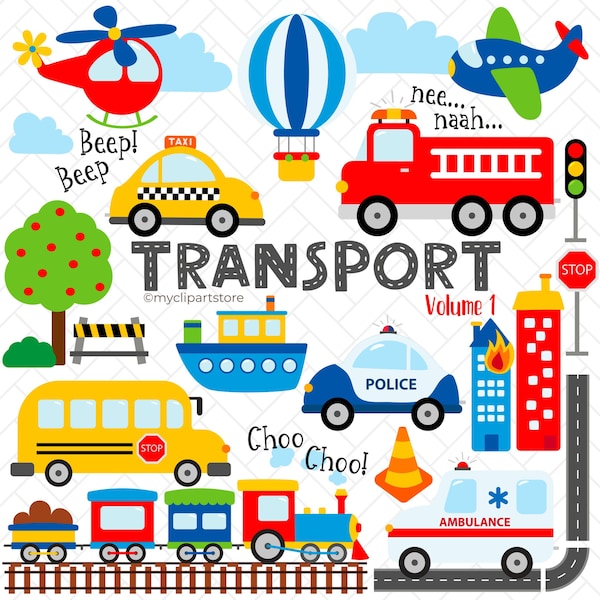 Clipart van stadsvervoermiddelen: auto's, vrachtwagens, treinen, jongenskamer, babykamerdecoratie, babyshower, verjaardagskaart (digitale download)