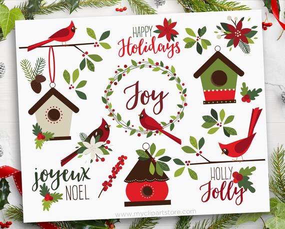 Christmas Red Cardinals Clipart, Bird House, Holly, pinecone, frosted red berry stem, Poinsettia, Clip Art Commercial Use, Sublimation, HTV, Il_570xn