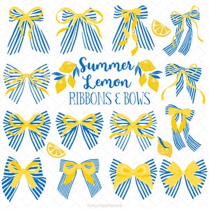 以下が含まれることがあります： 青と白のストライプのリボンと黄色のリボンのコレクション。「Summer Lemon Ribbons & Bows」というフレーズが青いスクリプトで書かれています。レモンスライスとレモンの枝もデザインに含まれています。