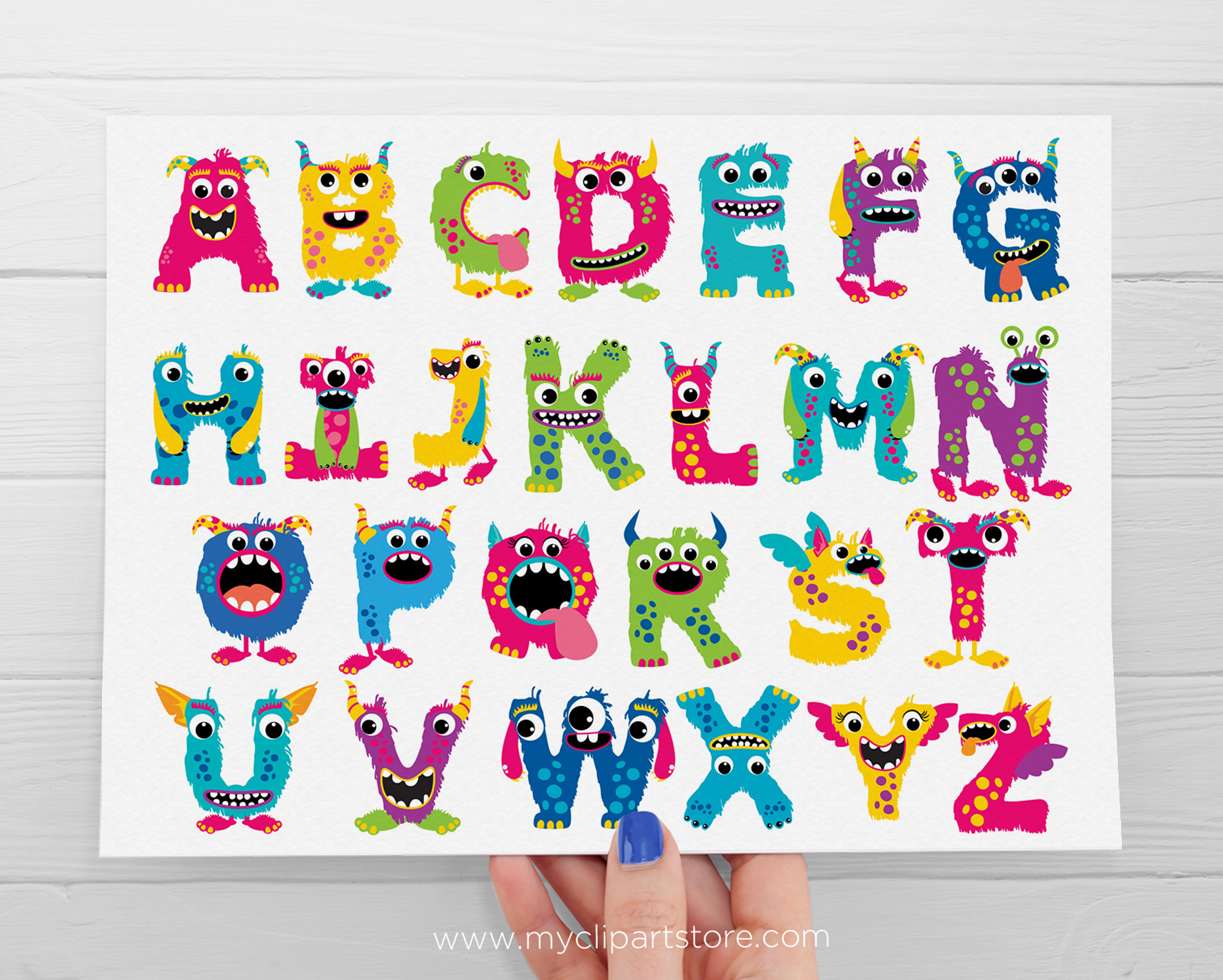 モンスターのアルファベットクリップアート：A～Z文字、誕生日テーマ