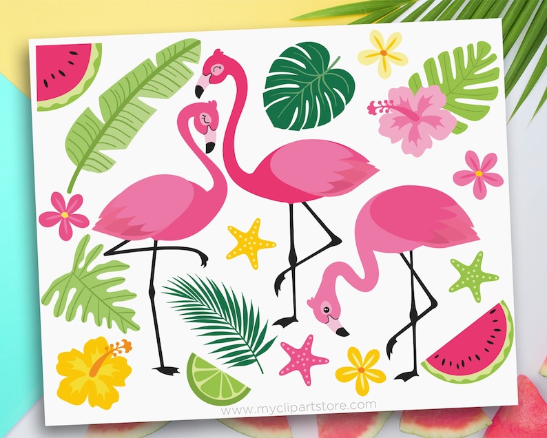 May include: Pink flamingos with black legs and beaks, tropical leaves, yellow and pink hibiscus flowers, watermelon slices, and starfish on a white background.  www.myclipartstore.com