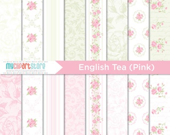 Digital Paper - English Tea (Pink) Rose, Shabby Chic, Scrapbook Paper, Digital Pattern (Instant Download) JPG, PDF