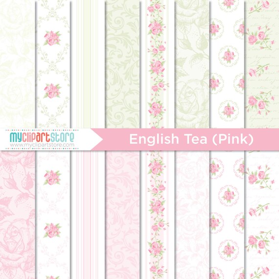 Digital Paper - English Tea (Pink) Rose, Shabby Chic, Scrapbook Paper, Digital Pattern (Instant Download) JPG, PDF Il_570xn