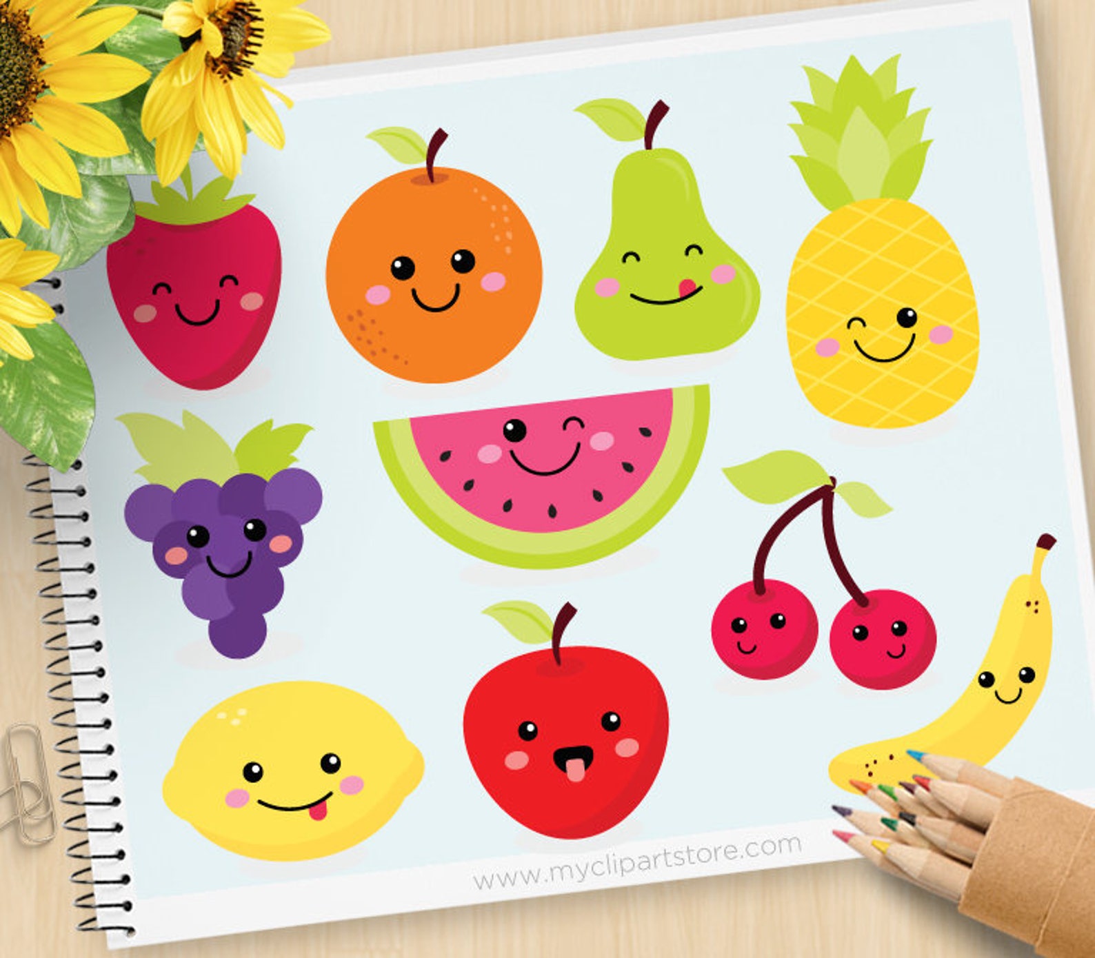 Cute Fruit, Kawaii Clipart, strawberry, watermelon, apple, Pineapple, orang...