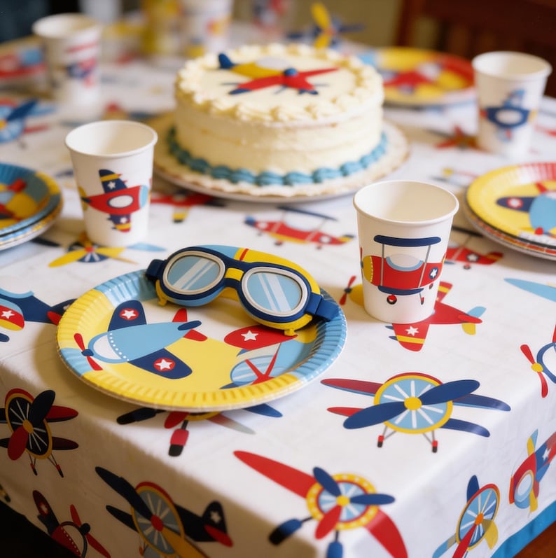 K&ouml;nnte beinhalten: Eine festliche Tischdekoration mit Kuchen, Tellern, Bechern und einer Tischdecke, alle im Vintage-Flugzeug-Design. Der Kuchen ist mit einem Flugzeug verziert, und die Teller und Becher zeigen bunte Flugzeugmuster. Eine Fliegerbrille liegt auf einem Teller.
