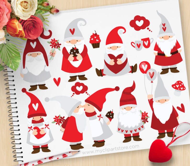 Download Valentine Gnomes Clipart Scandinavian Gnome Tomte Dwarf | Etsy