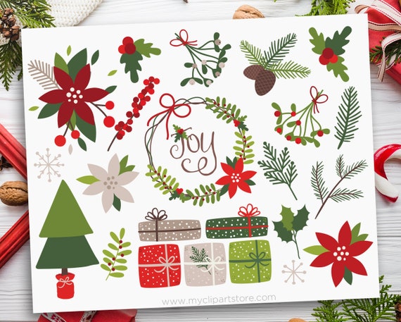 Download Christmas Flowers Clipart Floral Wreath Designer Kit Holly Poinsettia Spruce Mistletoe Clip Art Commercial Use Sublimation Htv Svg By Myclipartstore Catch My Party