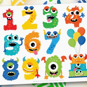 Monster Numbers Clipart: Birthday Cake, Balloons (Digital Download)